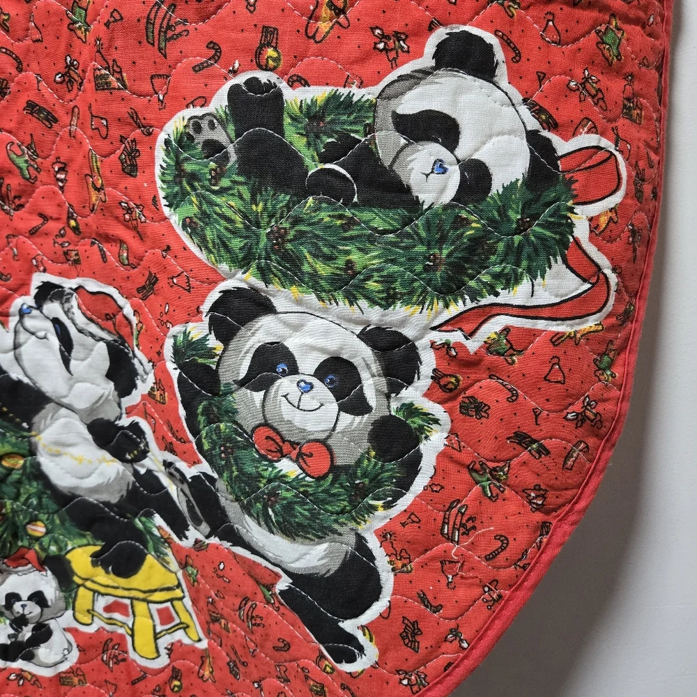 Vintage Panda Bear Cloth Christmas Tree Skirt Holiday Decor 60s 70s Retro Twee